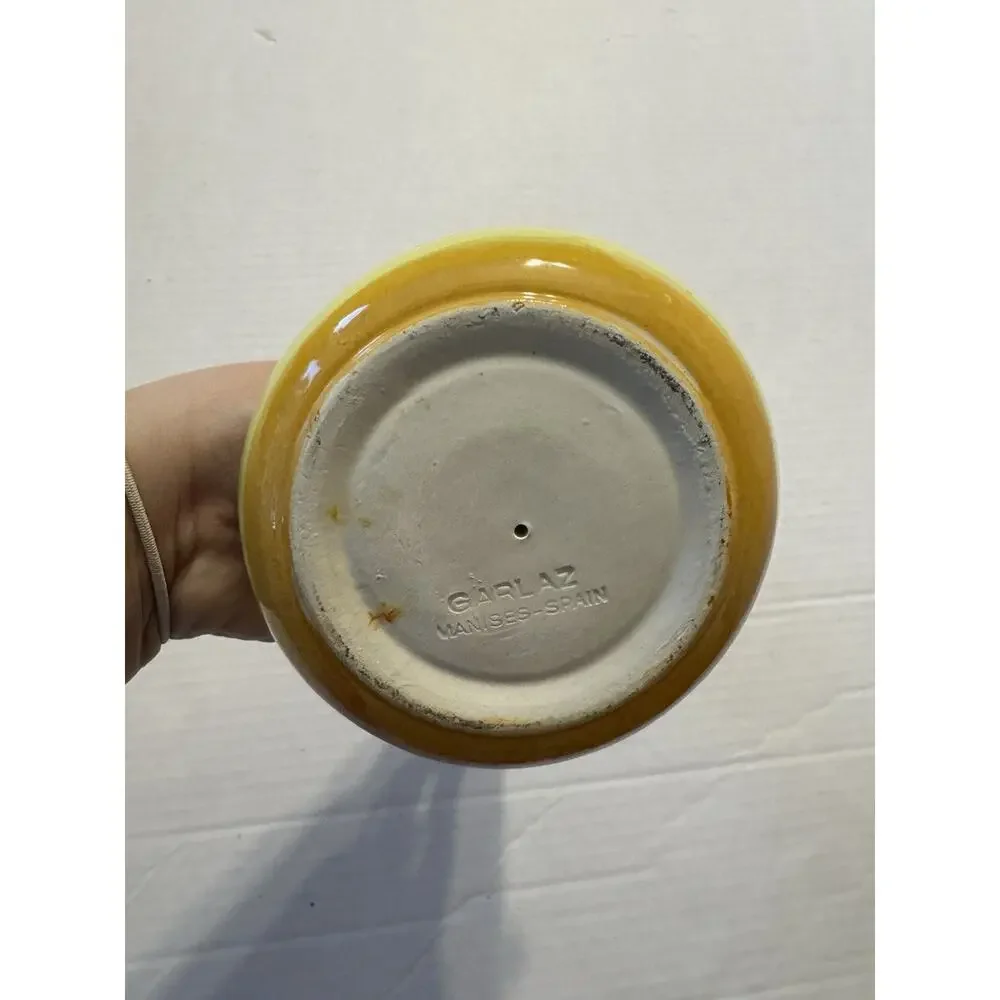 Yellow Floral Ceramic Candle Holder Round with Handle Hand Painted Spain Dish